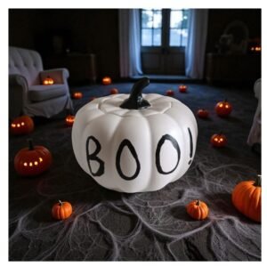 Κερί Σόγιας Halloween -Boo- σε λευκή κολόκυθα από πορσελάνη